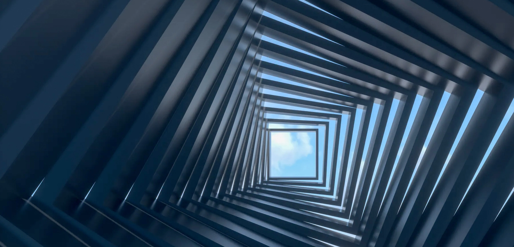 Stählernes Quadrat‑Tunnelmotiv in Blau‑Grau mit strahlendem Licht am Ende – symbolisiert Struktur, Fortschritt und Ausblick.